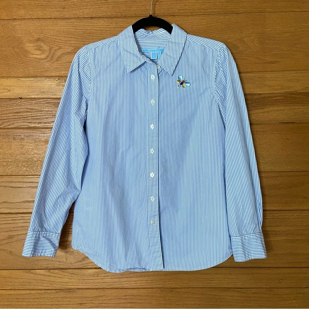 Draper James blue striped dragonfly blue and white button up top - Picture 1 of 5